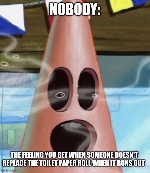 It's a bad feeling | NOBODY:; THE FEELING YOU GET WHEN SOMEONE DOESN'T REPLACE THE TOILET PAPER ROLL WHEN IT RUNS OUT | image tagged in hollow patrick,jpfan102504 | made w/ Imgflip meme maker