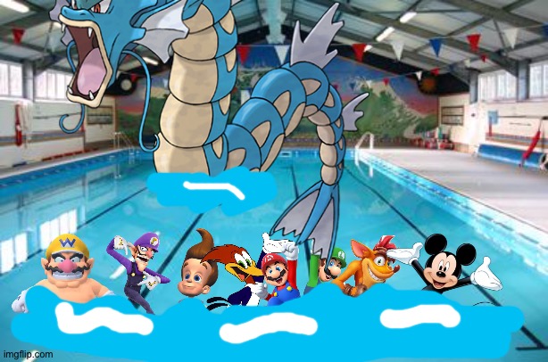 Wario and Friends dies by a Gyarados while swimming in a swimming pool | image tagged in swimming pool,wario dies,crossover | made w/ Imgflip meme maker