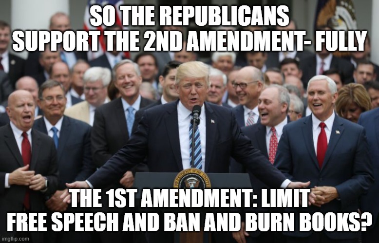 Republicans Celebrate | SO THE REPUBLICANS SUPPORT THE 2ND AMENDMENT- FULLY; THE 1ST AMENDMENT: LIMIT FREE SPEECH AND BAN AND BURN BOOKS? | image tagged in republicans celebrate | made w/ Imgflip meme maker