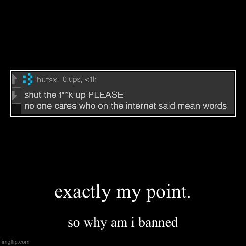 exactly my point. | so why am i banned | image tagged in funny,demotivationals | made w/ Imgflip demotivational maker