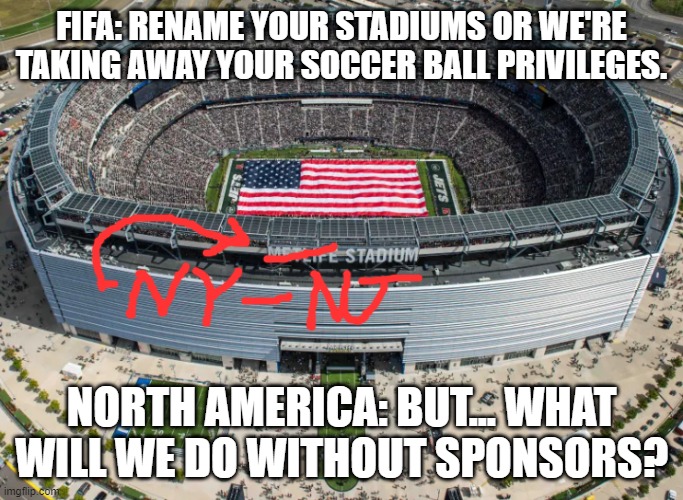 FIFA taking away american stadium names | FIFA: RENAME YOUR STADIUMS OR WE'RE TAKING AWAY YOUR SOCCER BALL PRIVILEGES. NORTH AMERICA: BUT... WHAT WILL WE DO WITHOUT SPONSORS? | image tagged in world cup | made w/ Imgflip meme maker