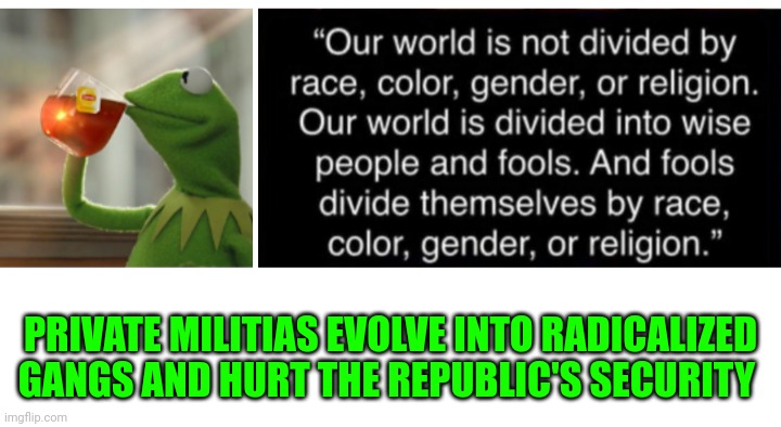 Funny | PRIVATE MILITIAS EVOLVE INTO RADICALIZED GANGS AND HURT THE REPUBLIC'S SECURITY | image tagged in funny | made w/ Imgflip meme maker