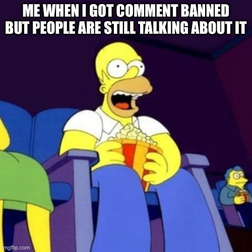Homer eating popcorn | ME WHEN I GOT COMMENT BANNED BUT PEOPLE ARE STILL TALKING ABOUT IT | image tagged in homer eating popcorn | made w/ Imgflip meme maker