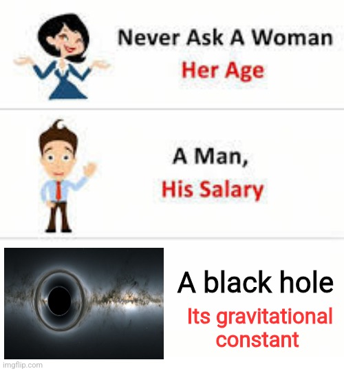 Never as a black hole's gravitational constant | A black hole; Its gravitational constant | image tagged in never ask a woman her age,science,jpfan102504 | made w/ Imgflip meme maker