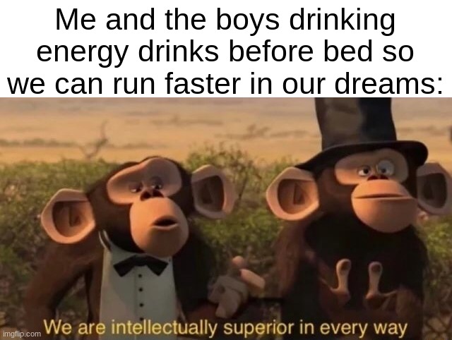 shitpost | Me and the boys drinking energy drinks before bed so we can run faster in our dreams: | image tagged in we are intellectually superior in every way | made w/ Imgflip meme maker