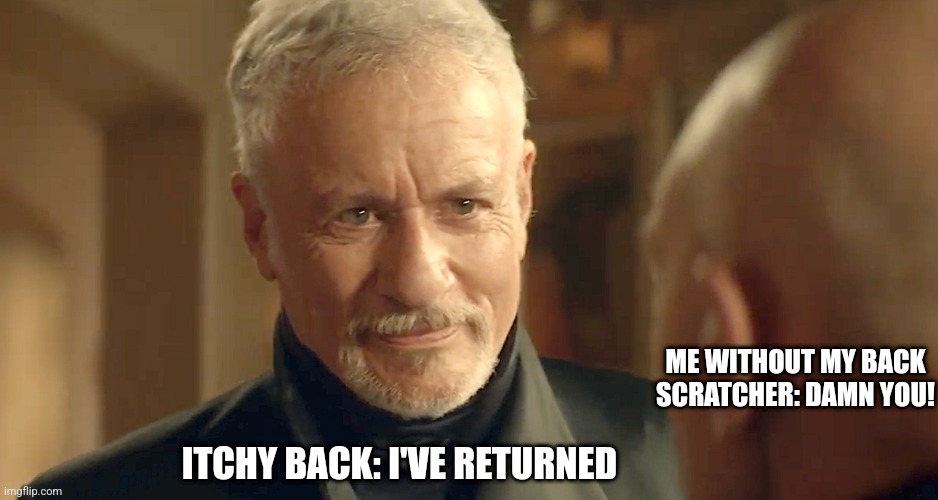 Just when I didn't have my back scratcher | ME WITHOUT MY BACK SCRATCHER: DAMN YOU! ITCHY BACK: I'VE RETURNED | image tagged in old q,annoying,jpfan102504 | made w/ Imgflip meme maker