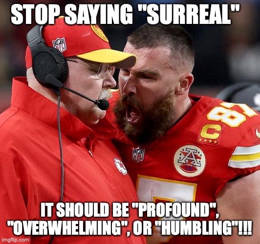 Travis Kelce screaming | STOP SAYING "SURREAL"; IT SHOULD BE "PROFOUND", "OVERWHELMING", OR "HUMBLING"!!! | image tagged in travis kelce screaming | made w/ Imgflip meme maker