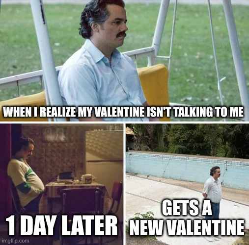 I got bored :) | WHEN I REALIZE MY VALENTINE ISN'T TALKING TO ME; 1 DAY LATER; GETS A NEW VALENTINE | image tagged in memes,sad pablo escobar | made w/ Imgflip meme maker