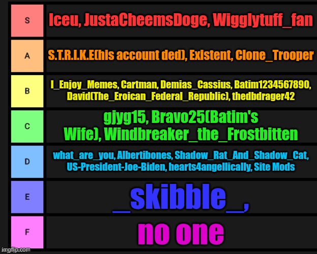 this took a while | Iceu, JustaCheemsDoge, Wigglytuff_fan; S.T.R.I.K.E(his account ded), Existent, Clone_Trooper; I_Enjoy_Memes, Cartman, Demias_Cassius, Batim1234567890, David(The_Eroican_Federal_Republic), thedbdrager42; gjyg15, Bravo25(Batim's Wife), Windbreaker_the_Frostbitten; what_are_you, Albertibones, Shadow_Rat_And_Shadow_Cat, US-President-Joe-Biden, hearts4angellically, Site Mods; _skibble_, no one | image tagged in tier list | made w/ Imgflip meme maker