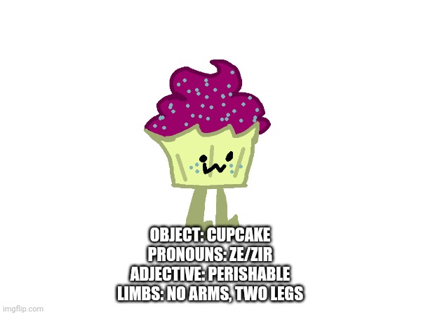 OBJECT: CUPCAKE
PRONOUNS: ZE/ZIR
ADJECTIVE: PERISHABLE
LIMBS: NO ARMS, TWO LEGS | made w/ Imgflip meme maker