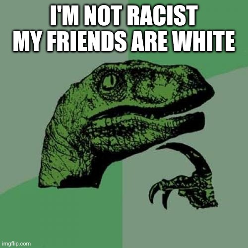 I'm not racist my friends are white meme | I'M NOT RACIST MY FRIENDS ARE WHITE | image tagged in memes,philosoraptor | made w/ Imgflip meme maker