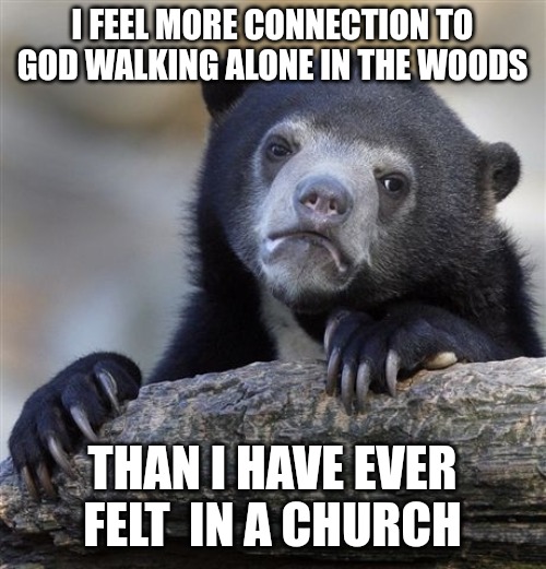 Confession | I FEEL MORE CONNECTION TO GOD WALKING ALONE IN THE WOODS; THAN I HAVE EVER FELT  IN A CHURCH | image tagged in memes,confession bear,dank,christian,r/dankchristianmemes | made w/ Imgflip meme maker
