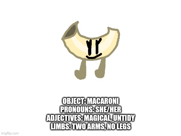 OBJECT: MACARONI
PRONOUNS: SHE/HER
ADJECTIVES: MAGICAL, UNTIDY
LIMBS: TWO ARMS, NO LEGS | made w/ Imgflip meme maker