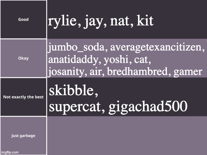 tierlist just dropped | if u have any questions ab ur ranking, comment below (edit: zari is good i forgor) | rylie, jay, nat, kit; jumbo_soda, averagetexancitizen, anatidaddy, yoshi, cat, josanity, air, bredhambred, gamer; skibble, supercat, gigachad500 | image tagged in tierlist | made w/ Imgflip meme maker