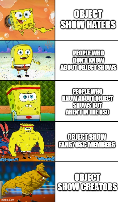 Spongebob baby, normal, tough, strong, god | OBJECT SHOW HATERS; PEOPLE WHO DON'T KNOW ABOUT OBJECT SHOWS; PEOPLE WHO KNOW ABOUT OBJECT SHOWS BUT AREN'T IN THE OSC; OBJECT SHOW FANS/OSC MEMBERS; OBJECT SHOW CREATORS | image tagged in spongebob baby normal tough strong god,bfdi,bfb,tpot,object show | made w/ Imgflip meme maker
