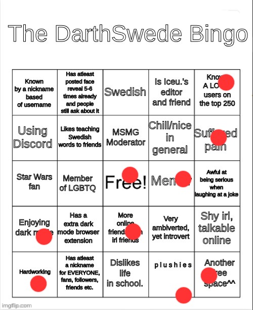 The DarthSwede Bingo | image tagged in the darthswede bingo | made w/ Imgflip meme maker