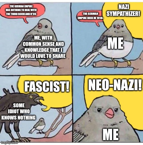 Just a little vent, lol | NAZI SYMPATHIZER! THE GERMAN EMPIRE HAS NOTHING TO DEAL WITH THE THIRD REICH AND N*ZIS; THE GERMAN EMPIRE DIED IN 1918-; ME; ME, WITH COMMON SENSE AND KNOWLEDGE THAT I WOULD LOVE TO SHARE; NEO-NAZI! FASCIST! SOME IDIOT WHO KNOWS NOTHING; ME | image tagged in annoyed bird | made w/ Imgflip meme maker