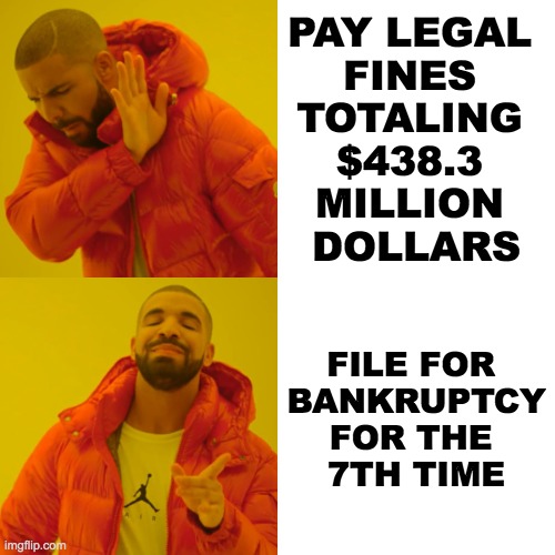 Donald Trump Pay Legal Fines or File Bankruptcy Drake Meme | PAY LEGAL 
FINES 
TOTALING 
$438.3 
MILLION 
DOLLARS; FILE FOR 
BANKRUPTCY
FOR THE 
7TH TIME | image tagged in memes,drake hotline bling | made w/ Imgflip meme maker