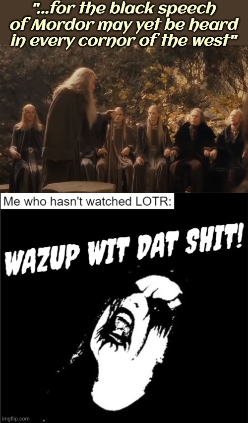 Black speech? whaaa? | "...for the black speech of Mordor may yet be heard in every cornor of the west" | image tagged in funny,lotr,irony | made w/ Imgflip meme maker