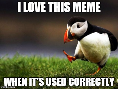 Unpopular Opinion Puffin | I LOVE THIS MEME WHEN IT'S USED CORRECTLY | image tagged in memes,unpopular opinion puffin,AdviceAnimals | made w/ Imgflip meme maker