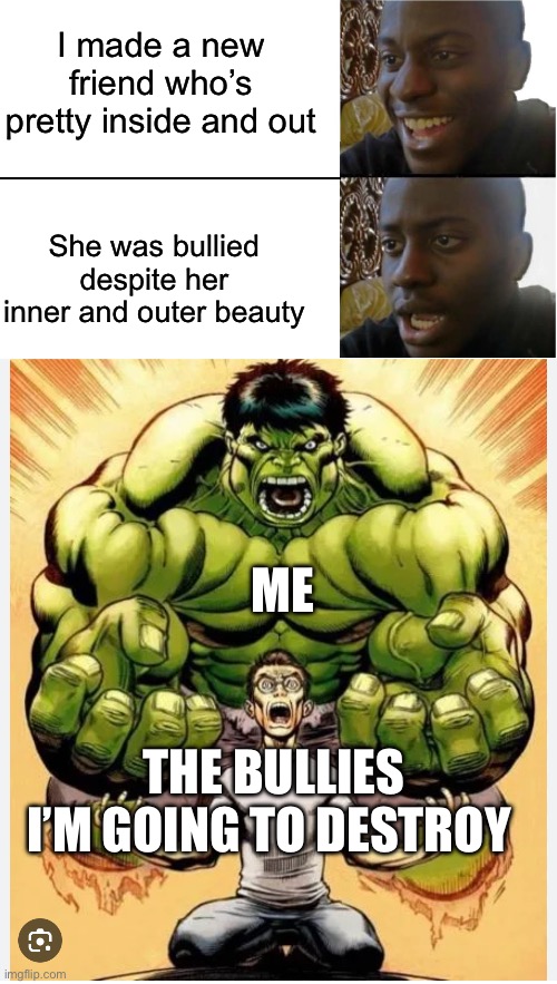 Send this to a friend u care about | I made a new friend who’s pretty inside and out; She was bullied despite her inner and outer beauty; ME; THE BULLIES I’M GOING TO DESTROY | image tagged in disappointed black guy | made w/ Imgflip meme maker