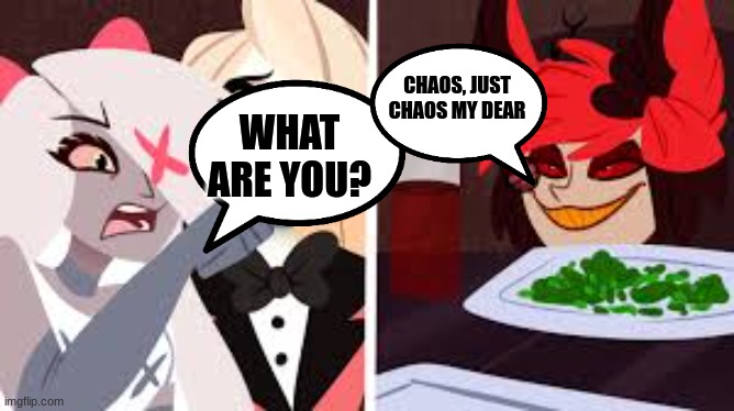 dis makes total sense | CHAOS, JUST CHAOS MY DEAR; WHAT ARE YOU? | image tagged in hazbin hotel cat meme | made w/ Imgflip meme maker