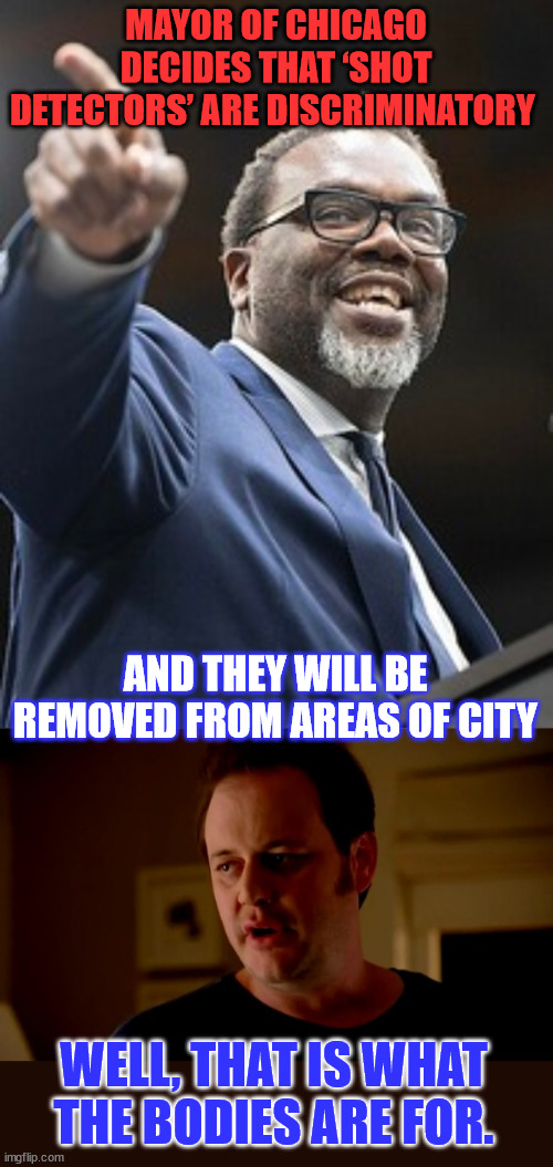 Mayor of Chicago decides that ‘shot detectors’ are discriminatory | MAYOR OF CHICAGO DECIDES THAT ‘SHOT DETECTORS’ ARE DISCRIMINATORY; AND THEY WILL BE REMOVED FROM AREAS OF CITY; WELL, THAT IS WHAT THE BODIES ARE FOR. | image tagged in jake from state farm,shot detectors,racist,chicago mayor | made w/ Imgflip meme maker