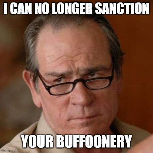 Things I wish I could say to my colleagues | I CAN NO LONGER SANCTION; YOUR BUFFOONERY | image tagged in tommy lee jones are you serious | made w/ Imgflip meme maker
