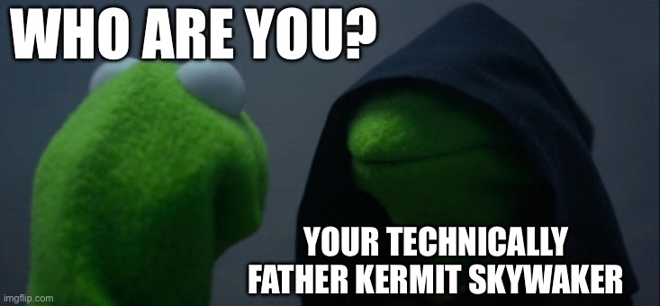 Evil Kermit Meme | WHO ARE YOU? YOUR TECHNICALLY FATHER KERMIT SKYWAKER | image tagged in memes,evil kermit | made w/ Imgflip meme maker