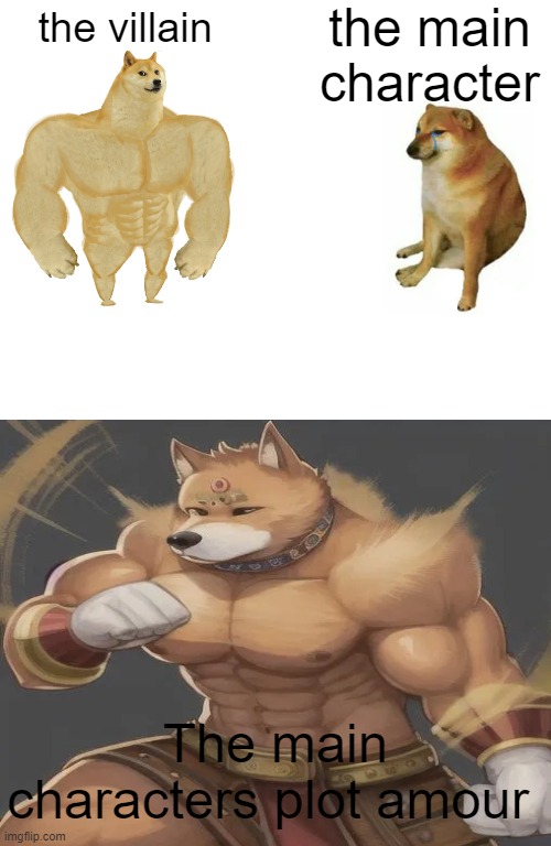 Buff Doge vs. Cheems | the main character; the villain; The main characters plot amour | image tagged in memes,buff doge vs cheems,plot armour | made w/ Imgflip meme maker