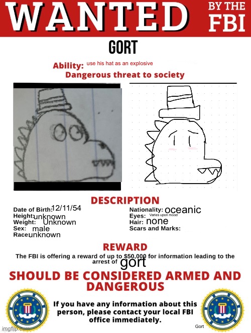 FBI Wanted Posted (FREE TO USE) | gort; use his hat as an explosive; oceanic; 12/11/54; Varies upon mood; unknown; none; Unknown; male; unknown; gort; Gort | image tagged in fbi wanted posted free to use | made w/ Imgflip meme maker