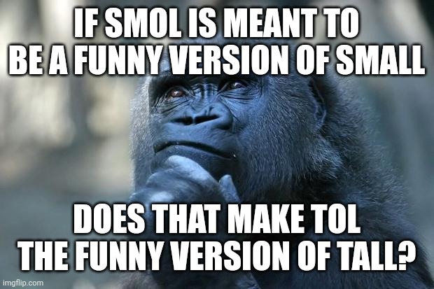 Also goodnight chat  | IF SMOL IS MEANT TO BE A FUNNY VERSION OF SMALL; DOES THAT MAKE TOL THE FUNNY VERSION OF TALL? | image tagged in deep thoughts | made w/ Imgflip meme maker