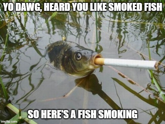 Smoking fish | YO DAWG, HEARD YOU LIKE SMOKED FISH; SO HERE'S A FISH SMOKING | image tagged in fish,smoking,cigarettes,yo dawg heard you | made w/ Imgflip meme maker