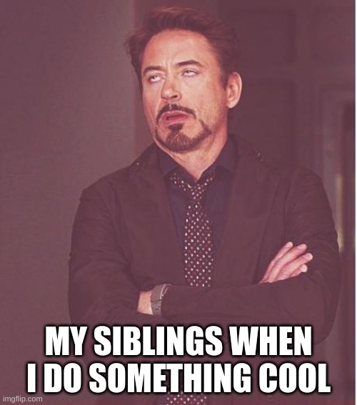 Siblings be like | MY SIBLINGS WHEN I DO SOMETHING COOL | image tagged in face you make robert downey jr,siblings,annoying | made w/ Imgflip meme maker
