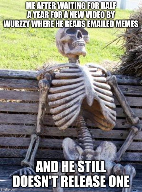 Waiting Wubzzy meme. | ME AFTER WAITING FOR HALF A YEAR FOR A NEW VIDEO BY WUBZZY WHERE HE READS EMAILED MEMES; AND HE STILL DOESN'T RELEASE ONE | image tagged in memes,waiting skeleton | made w/ Imgflip meme maker