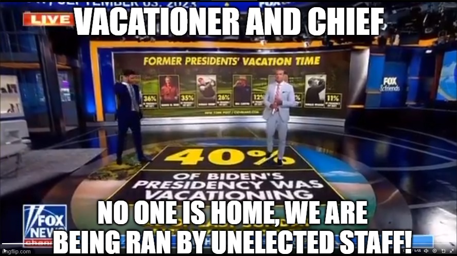 Vacationer and Chief | VACATIONER AND CHIEF; NO ONE IS HOME, WE ARE BEING RAN BY UNELECTED STAFF! | image tagged in potus,vacation,dementia,fjb,maga,make america great again | made w/ Imgflip meme maker