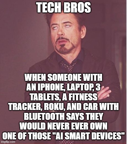Face You Make Robert Downey Jr | TECH BROS; WHEN SOMEONE WITH AN IPHONE, LAPTOP, 3 TABLETS, A FITNESS TRACKER, ROKU, AND CAR WITH BLUETOOTH SAYS THEY WOULD NEVER EVER OWN ONE OF THOSE "AI SMART DEVICES" | image tagged in memes,face you make robert downey jr | made w/ Imgflip meme maker
