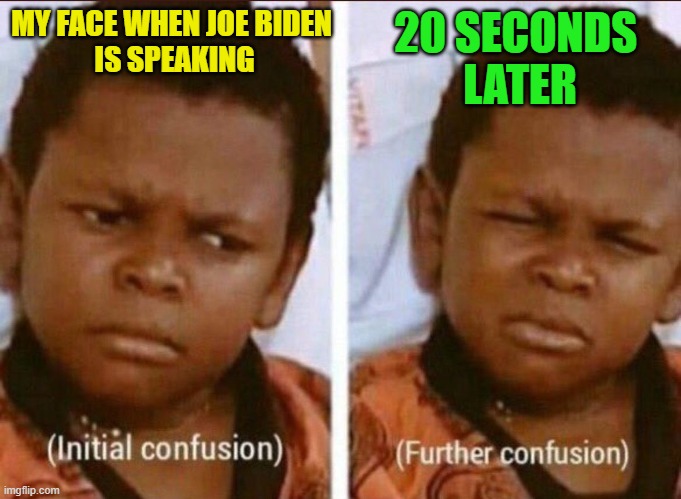 Huh? | MY FACE WHEN JOE BIDEN 
IS SPEAKING; 20 SECONDS 
LATER | image tagged in confusion | made w/ Imgflip meme maker