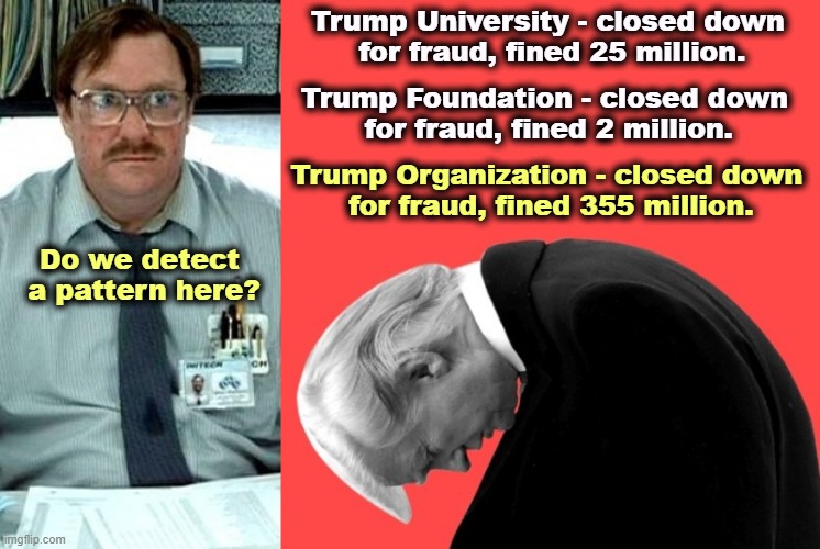 Trump and his father got caught by the DOJ in 1973 for fraud, stealing the taxpayers' money. Apparently it runs in the family. | Trump University - closed down 
for fraud, fined 25 million. Trump Foundation - closed down 
for fraud, fined 2 million. Do we detect 

a pattern here? Trump Organization - closed down 
for fraud, fined 355 million. | image tagged in trump,fraud,university,foundation,organization,fine | made w/ Imgflip meme maker