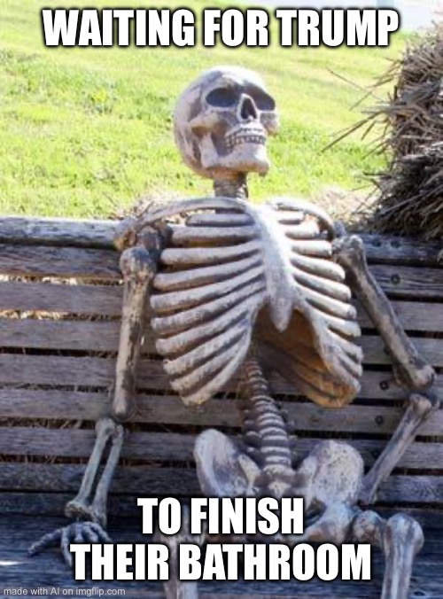 Ai is so stupid | WAITING FOR TRUMP; TO FINISH THEIR BATHROOM | image tagged in memes,waiting skeleton | made w/ Imgflip meme maker