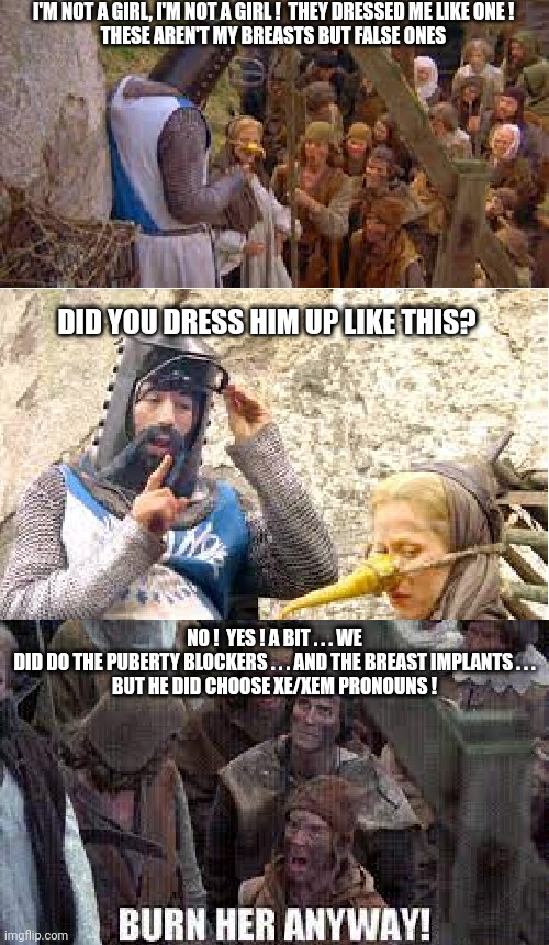 Monty Python burn her anyway | DID YOU DRESS HIM UP LIKE THIS? NO !  YES ! A BIT . . . WE DID DO THE PUBERTY BLOCKERS . . . AND THE BREAST IMPLANTS . . .

BUT HE DID CHOOS | image tagged in monty python burn her anyway | made w/ Imgflip meme maker