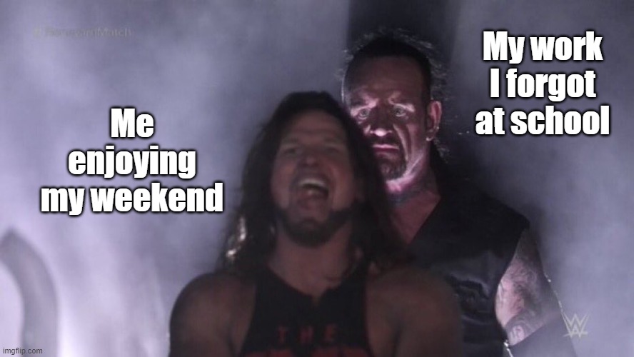 Its game over once you go back | My work I forgot at school; Me enjoying my weekend | image tagged in aj styles undertaker,funny,meme,memes,funny memes,relatable | made w/ Imgflip meme maker