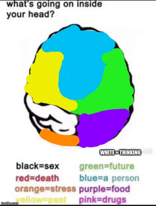 ecefncernfcyernfurfnernfernferf | WHITE = THINKING | image tagged in what's going on inside your head | made w/ Imgflip meme maker