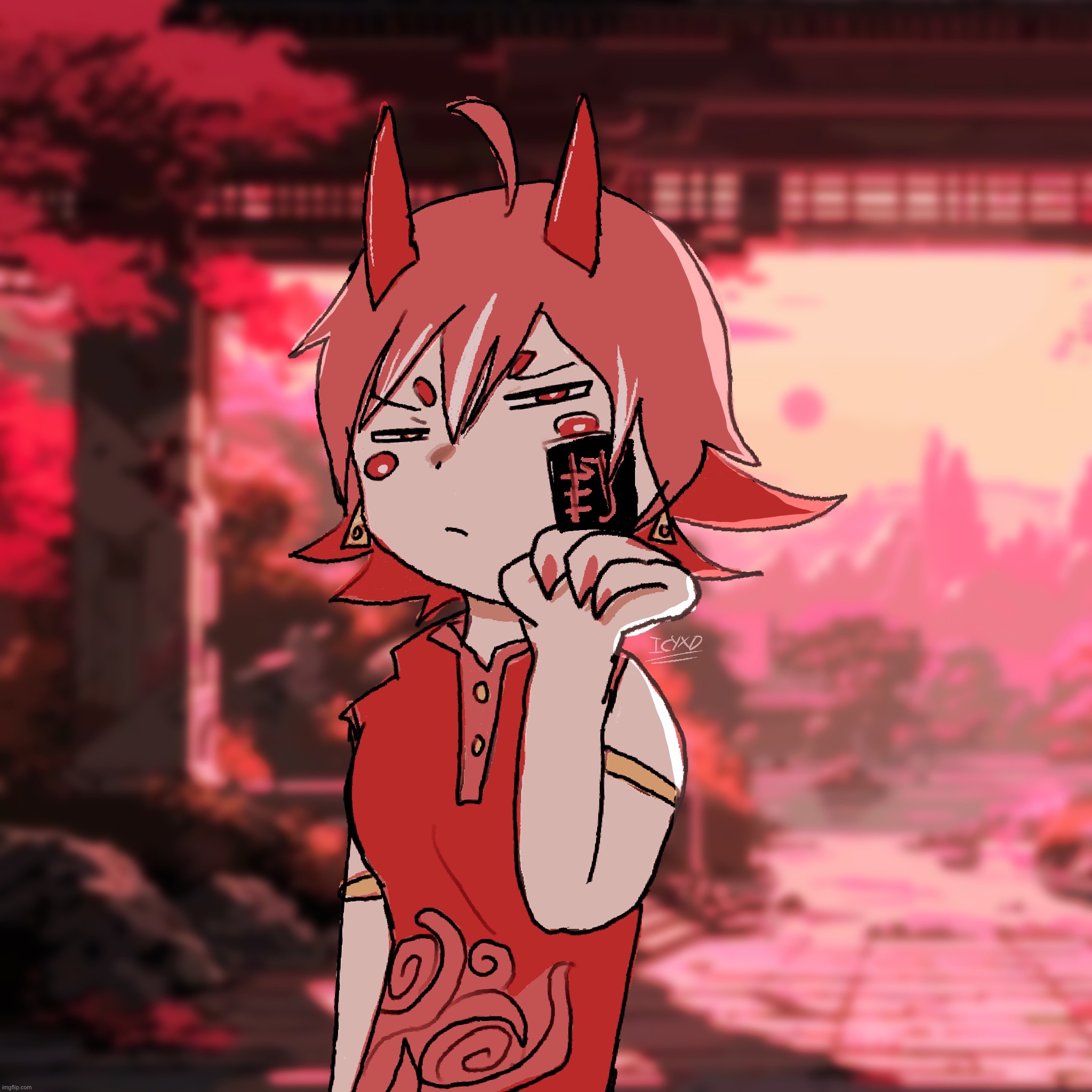 an Oni-chan (literally) | image tagged in oni,anime girl,cool,sunset,japanese temple | made w/ Imgflip meme maker