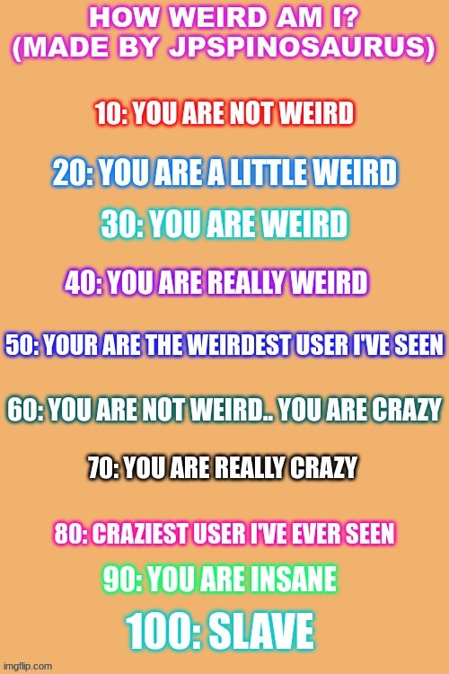 ((in my opinion i'm a 90 but idk, i'm a silly little bean)) | image tagged in how weird am i made by jpspinosaurus | made w/ Imgflip meme maker