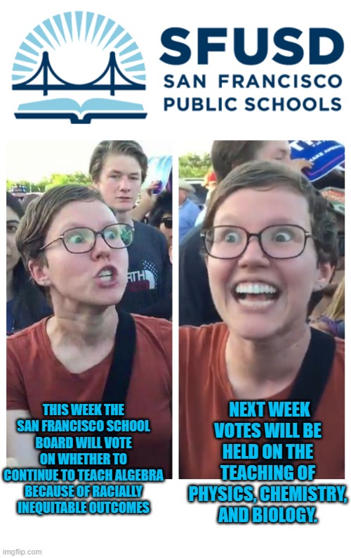 so what exactly is the purpose anymore | NEXT WEEK VOTES WILL BE HELD ON THE TEACHING OF PHYSICS, CHEMISTRY, AND BIOLOGY. THIS WEEK THE SAN FRANCISCO SCHOOL BOARD WILL VOTE ON WHETHER TO CONTINUE TO TEACH ALGEBRA BECAUSE OF RACIALLY INEQUITABLE OUTCOMES | image tagged in social justice warrior hypocrisy,democrats | made w/ Imgflip meme maker
