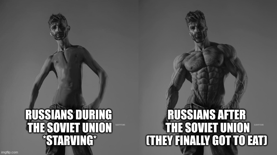 Finally, food | RUSSIANS DURING 
THE SOVIET UNION
*STARVING*; RUSSIANS AFTER
 THE SOVIET UNION
(THEY FINALLY GOT TO EAT) | image tagged in weak gigachad vs strong gigachad comparison,soviet union | made w/ Imgflip meme maker