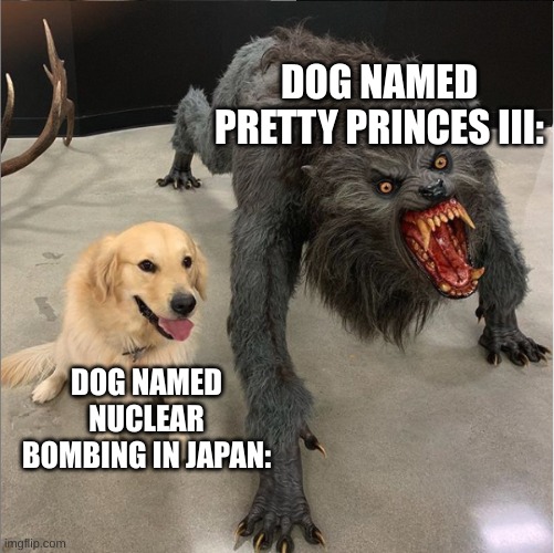 dogs | DOG NAMED PRETTY PRINCES III:; DOG NAMED NUCLEAR BOMBING IN JAPAN: | image tagged in dog vs werewolf | made w/ Imgflip meme maker