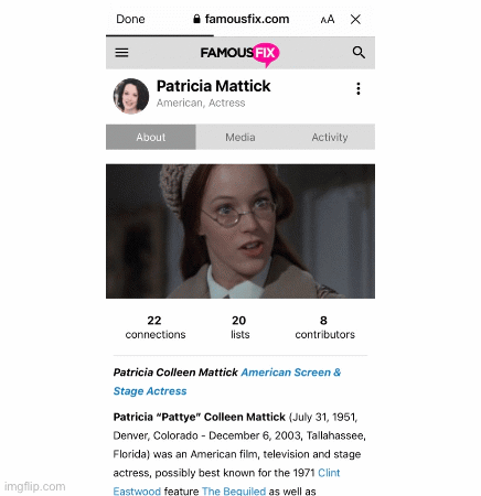 FamousFix updating… | image tagged in gifs,patricia mattick,pattye mattick,adorable,famousfix,gone but never forgotten | made w/ Imgflip images-to-gif maker