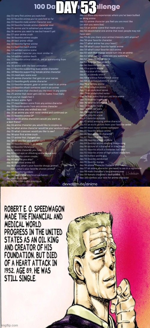 Day 53: Robert E. O. Speedwagon's "death" (JoJo's Bizarre Adventure) | DAY 53 | image tagged in 100 day anime challenge | made w/ Imgflip meme maker